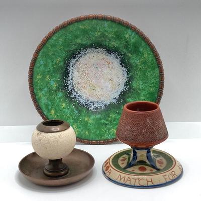 LOT 254: Vintage Nekrassof Enamel Copper Bowl and Pair of Match Striker / Holders