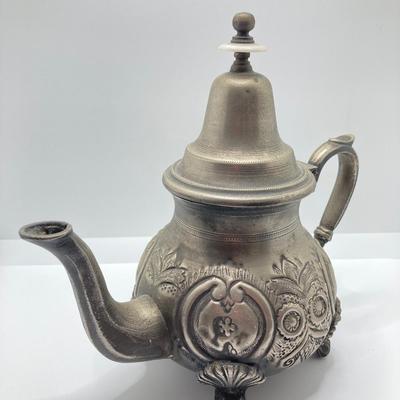 LOT 256: Vintage Silver Plated / Pewter Tea Pots and Cut Crystal Creamer