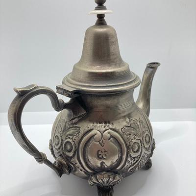 LOT 256: Vintage Silver Plated / Pewter Tea Pots and Cut Crystal Creamer