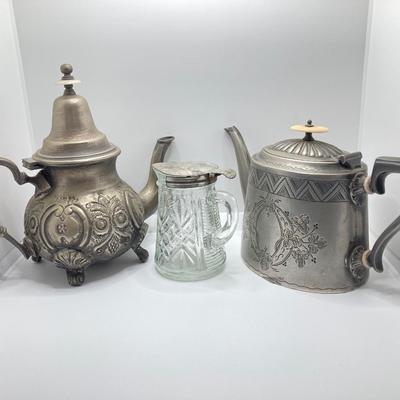 LOT 256: Vintage Silver Plated / Pewter Tea Pots and Cut Crystal Creamer
