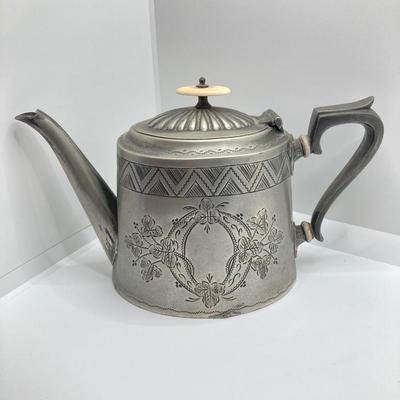 LOT 256: Vintage Silver Plated / Pewter Tea Pots and Cut Crystal Creamer