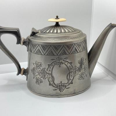 LOT 256: Vintage Silver Plated / Pewter Tea Pots and Cut Crystal Creamer