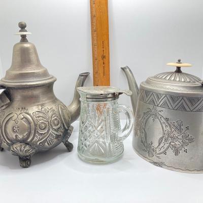 LOT 256: Vintage Silver Plated / Pewter Tea Pots and Cut Crystal Creamer