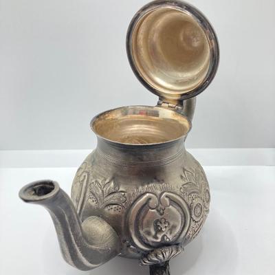 LOT 256: Vintage Silver Plated / Pewter Tea Pots and Cut Crystal Creamer