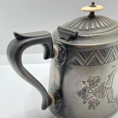 LOT 256: Vintage Silver Plated / Pewter Tea Pots and Cut Crystal Creamer