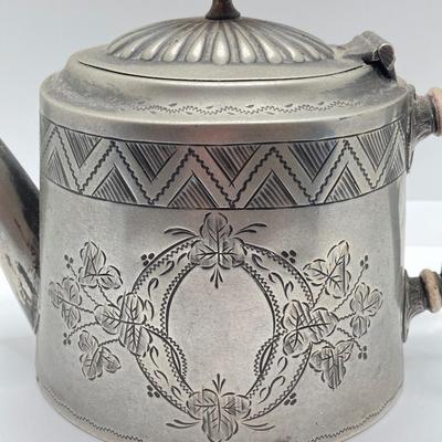 LOT 256: Vintage Silver Plated / Pewter Tea Pots and Cut Crystal Creamer