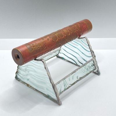 LOT 257: Pair of Vintage Brass and Copper Kaleidoscopes (1983 1728 and 1984 1538) with Glass Holding Stand