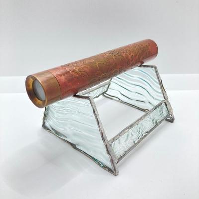 LOT 257: Pair of Vintage Brass and Copper Kaleidoscopes (1983 1728 and 1984 1538) with Glass Holding Stand