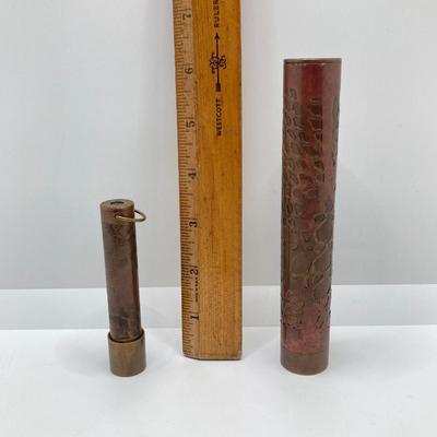 LOT 257: Pair of Vintage Brass and Copper Kaleidoscopes (1983 1728 and 1984 1538) with Glass Holding Stand