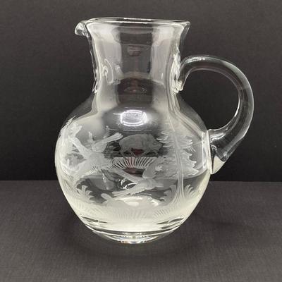 LOT 259: Signed Country Traditions of Waterloo Mallard, Etched Crystal Pitcher and Hand Made in India Painted Lacquer Animal Motif...