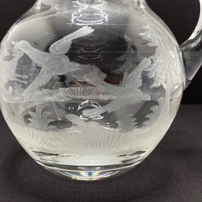 LOT 259: Signed Country Traditions of Waterloo Mallard, Etched Crystal Pitcher and Hand Made in India Painted Lacquer Animal Motif...