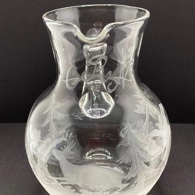 LOT 259: Signed Country Traditions of Waterloo Mallard, Etched Crystal Pitcher and Hand Made in India Painted Lacquer Animal Motif...