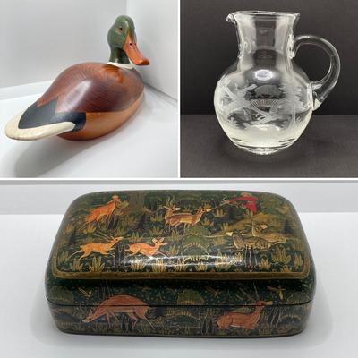 LOT 259: Signed Country Traditions of Waterloo Mallard, Etched Crystal Pitcher and Hand Made in India Painted Lacquer Animal Motif...