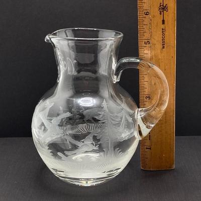LOT 259: Signed Country Traditions of Waterloo Mallard, Etched Crystal Pitcher and Hand Made in India Painted Lacquer Animal Motif...