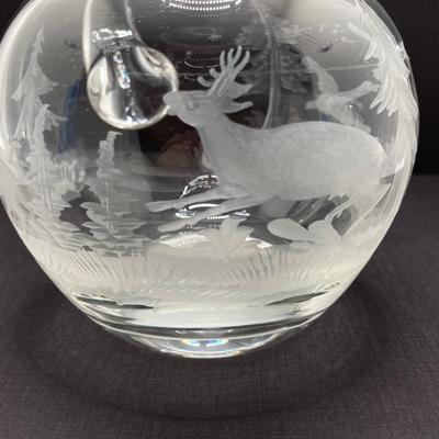 LOT 259: Signed Country Traditions of Waterloo Mallard, Etched Crystal Pitcher and Hand Made in India Painted Lacquer Animal Motif...