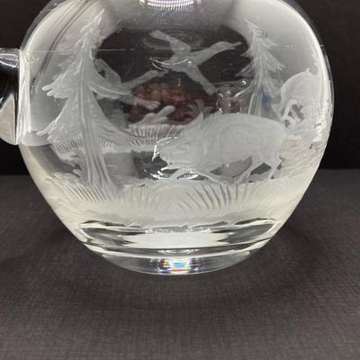 LOT 259: Signed Country Traditions of Waterloo Mallard, Etched Crystal Pitcher and Hand Made in India Painted Lacquer Animal Motif...