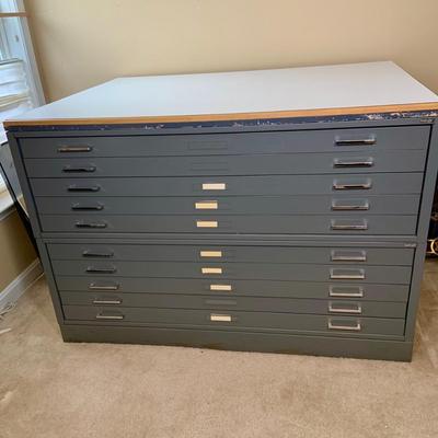 LOT:274: Set of 2 Stacked Mayline Steel 5-Drawer Flat Filing Cabinets with Removable Top
