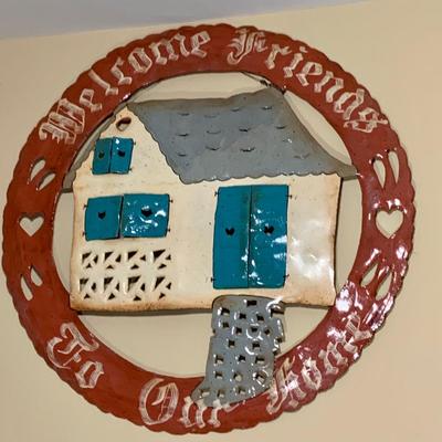 LOT:279: Large Rustic 'Welcome Friends to Our Home' Signed Round Metal Sign/Wall Art
