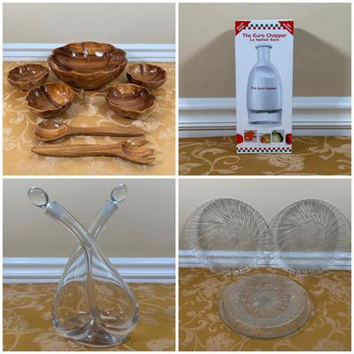 LOT 388: Vintage Scalloped Salad Bowl Set w/ Glass Oil & Vinegar Cruet & More