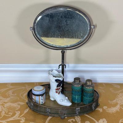 LOT 398: Antique Shaving Mirror, Vintage Tooth Powder Tins, Limoges Trinket Box & Lusterware Porcelain Victorian 4" Boot, Germany