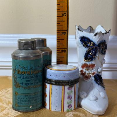 LOT 398: Antique Shaving Mirror, Vintage Tooth Powder Tins, Limoges Trinket Box & Lusterware Porcelain Victorian 4" Boot, Germany