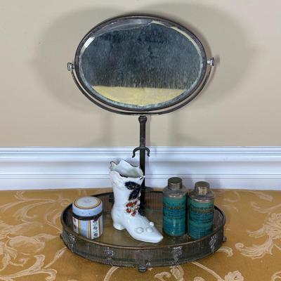 LOT 398: Antique Shaving Mirror, Vintage Tooth Powder Tins, Limoges Trinket Box & Lusterware Porcelain Victorian 4" Boot, Germany