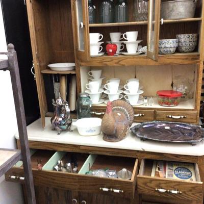 Great Wood Glass and Enamel Hoosier Cabinet