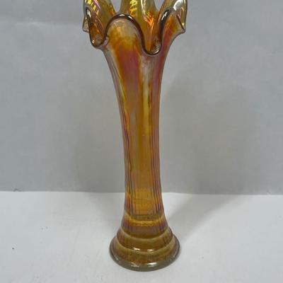 Fenton Carnival Iridescent Glass Marigold Morning Glory Vase 9‘