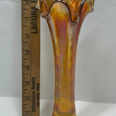 Fenton Carnival Iridescent Glass Marigold Morning Glory Vase 9‘