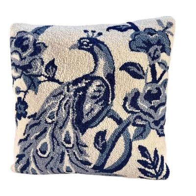 Peacock Blue and White Chinoiserie Style Wool Hook Decorative Accent Pillow
