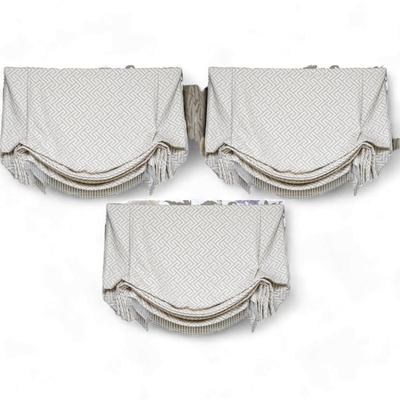 Set of 3 High Quality Custom Window Roman Shades with Beads, Beige and White Geometric Pattern