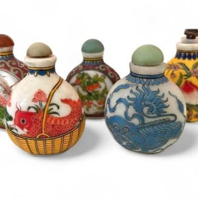 Fabulous Collection of 5 Snuff Bottles, Set of 5 Assorted Hand Made, Asian Antiques, Decor, Gift