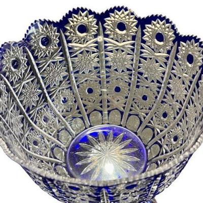 Hungarian Crystal Cobalt Cut to Clear Bohemian Crystal Queen Lace Pedestal Bowl