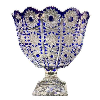 Hungarian Crystal Cobalt Cut to Clear Bohemian Crystal Queen Lace Pedestal Bowl