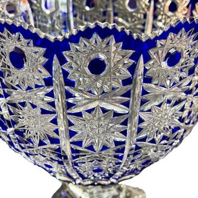Hungarian Crystal Cobalt Cut to Clear Bohemian Crystal Queen Lace Pedestal Bowl