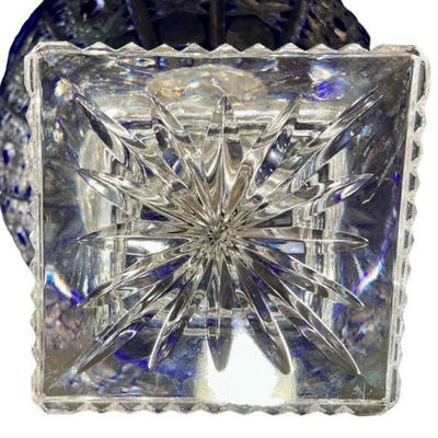 Hungarian Crystal Cobalt Cut to Clear Bohemian Crystal Queen Lace Pedestal Bowl