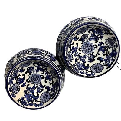Pair of Chinoiserie Blue and White Ceramic Pet, Dog, Cat Feeding Bowls