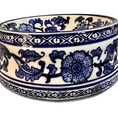 Pair of Chinoiserie Blue and White Ceramic Pet, Dog, Cat Feeding Bowls