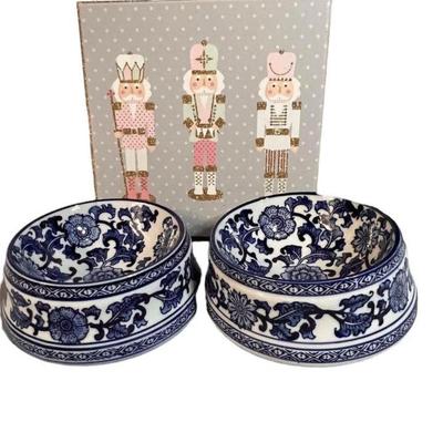 Pair of Chinoiserie Blue and White Ceramic Pet, Dog, Cat Feeding Bowls