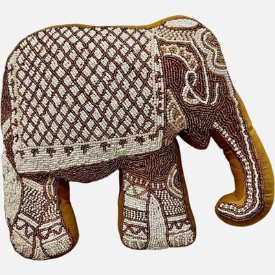 Mustard Velvet Elephant Hand-Beaded Embroidered Decorative Pillow