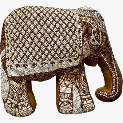 Mustard Velvet Elephant Hand-Beaded Embroidered Decorative Pillow