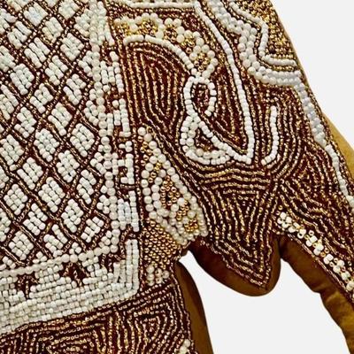 Mustard Velvet Elephant Hand-Beaded Embroidered Decorative Pillow