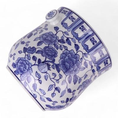Champagne Wine or Ice Bucket, Hand Painted Porcelain Blue and White Chinoiserie Motif Rattan Handle