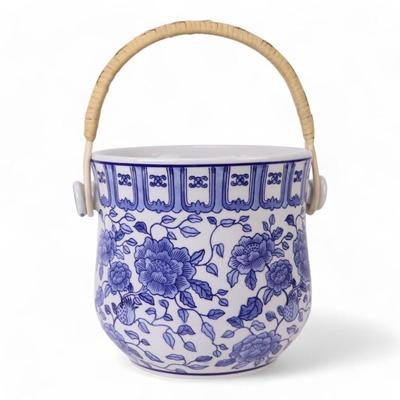 Champagne Wine or Ice Bucket, Hand Painted Porcelain Blue and White Chinoiserie Motif Rattan Handle