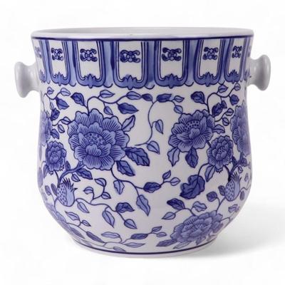 Champagne Wine or Ice Bucket, Hand Painted Porcelain Blue and White Chinoiserie Motif Rattan Handle