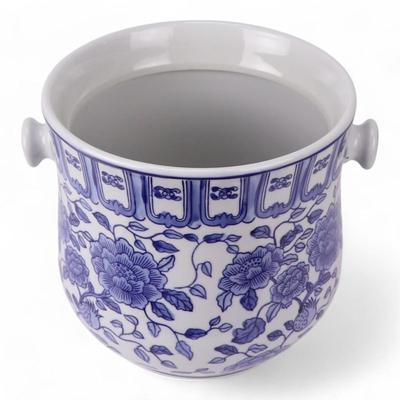 Champagne Wine or Ice Bucket, Hand Painted Porcelain Blue and White Chinoiserie Motif Rattan Handle