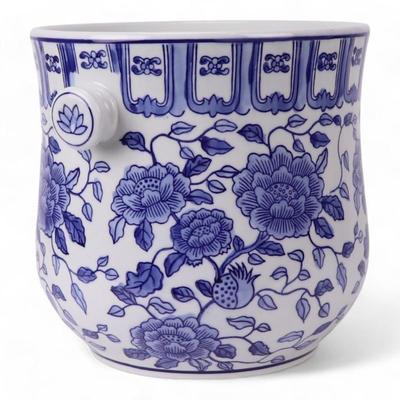 Champagne Wine or Ice Bucket, Hand Painted Porcelain Blue and White Chinoiserie Motif Rattan Handle