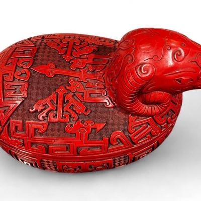 Chinese Cinnabar Lacquer Style Ram Form Oval Box