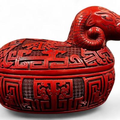 Chinese Cinnabar Lacquer Style Ram Form Oval Box