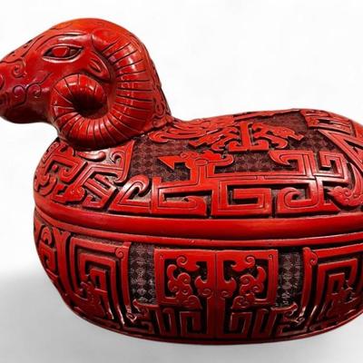 Chinese Cinnabar Lacquer Style Ram Form Oval Box